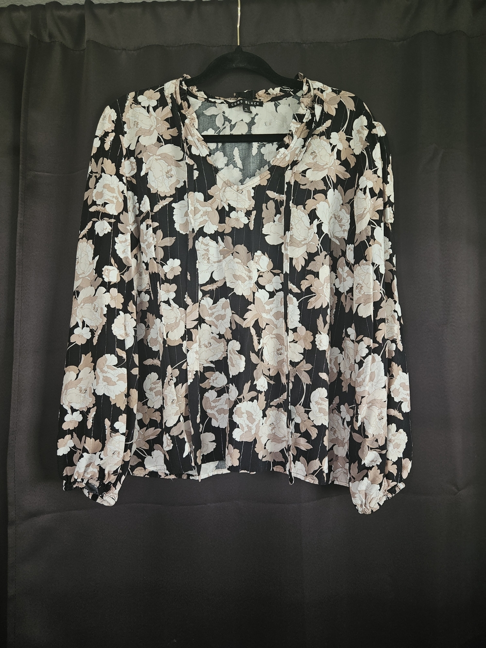 Como Black Floral Metallic Pinstripe Blouse Tie Neck Boho Top XL